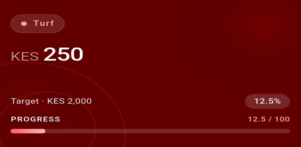 An M-Vault goal card showing KES 250 saved towards a KES 2,000 target