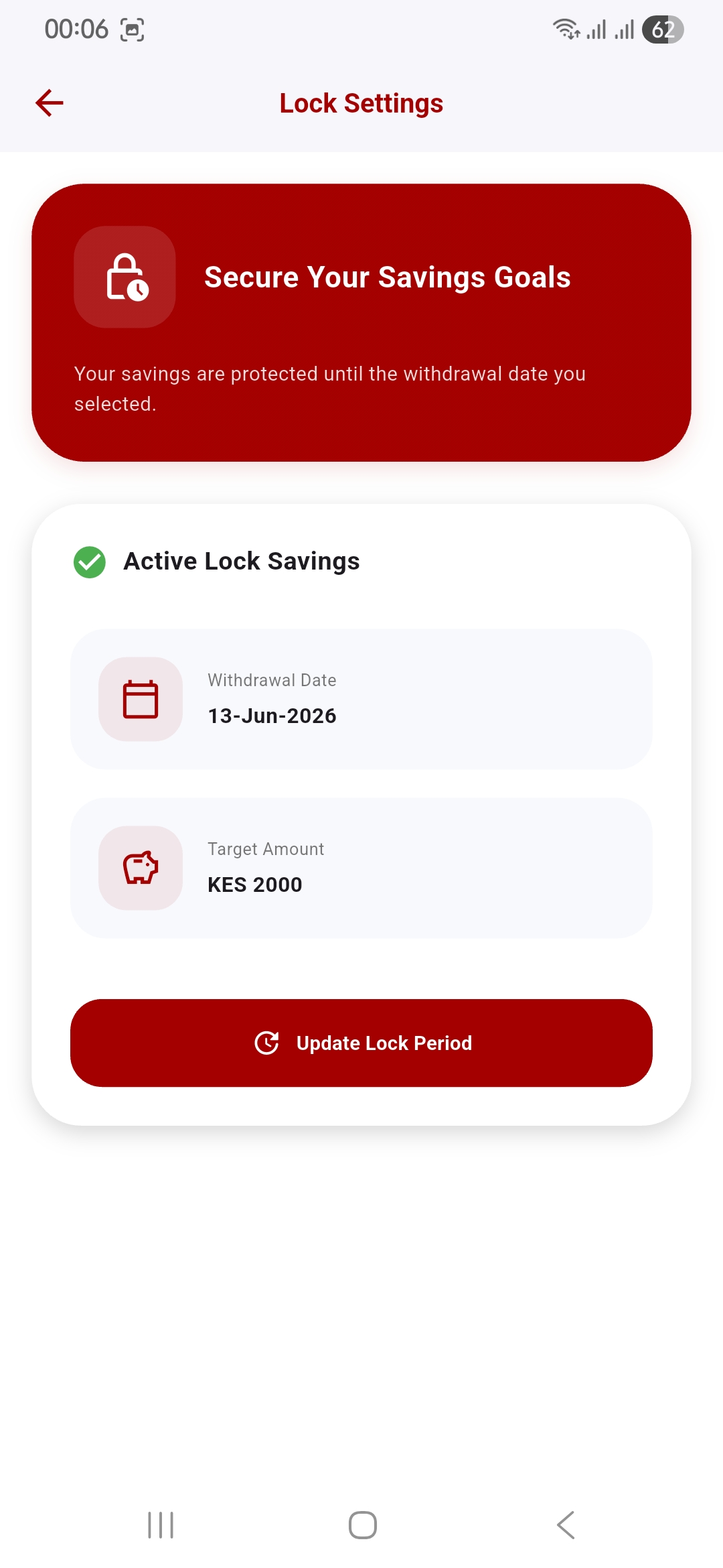 Lock settings screen showing withdrawal date and target amount
