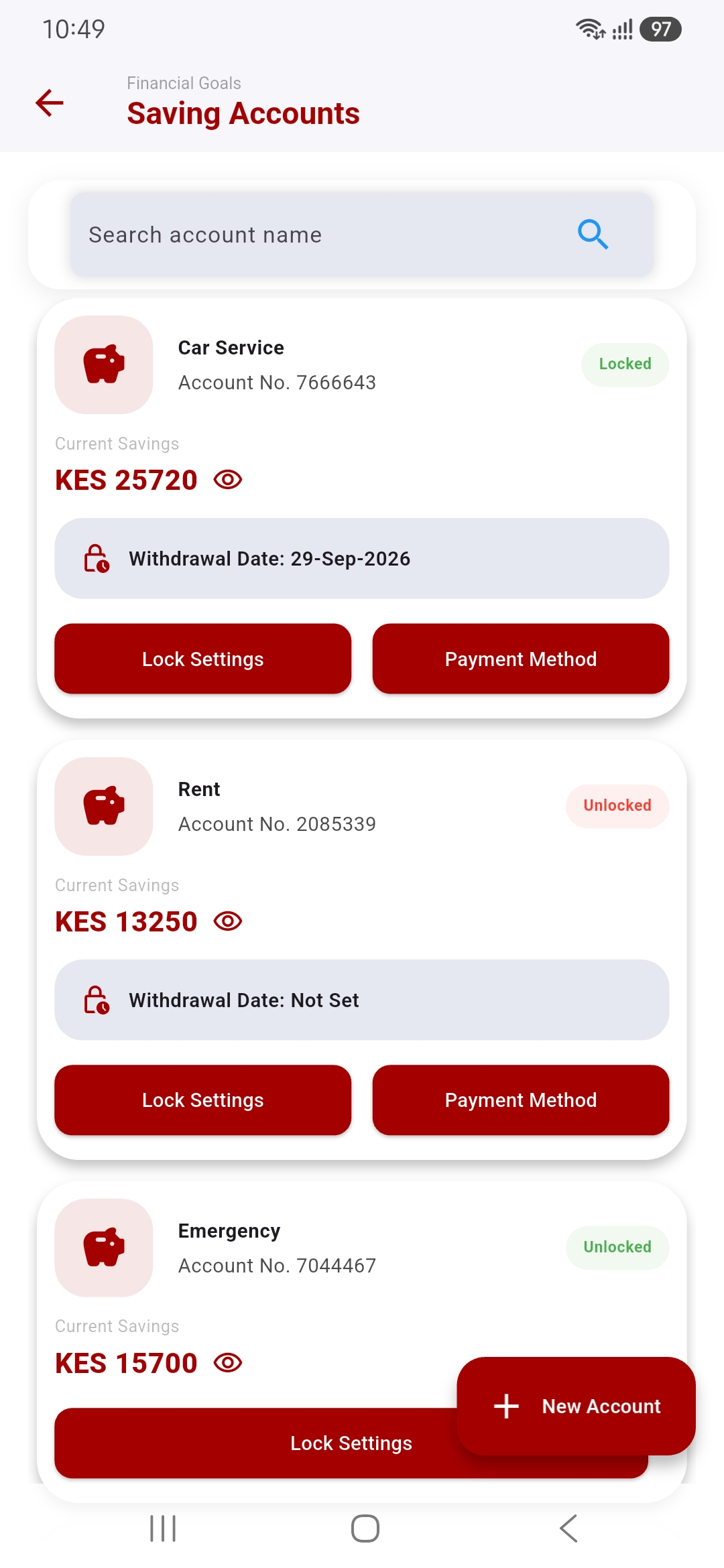 M-Vault saving accounts screen showing locked and unlocked goal accounts