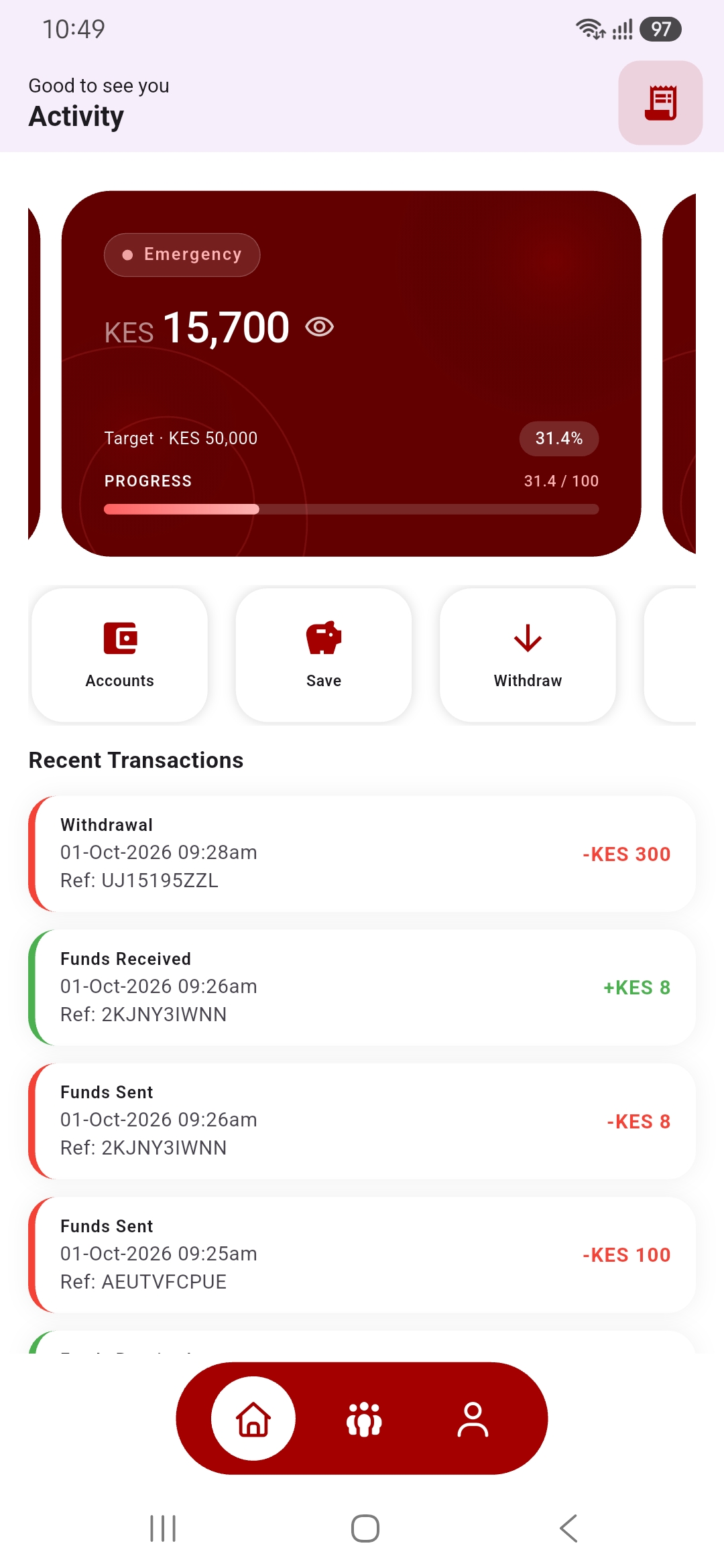 Activity screen showing an Emergency goal at 31.4% of its KES 50,000 target