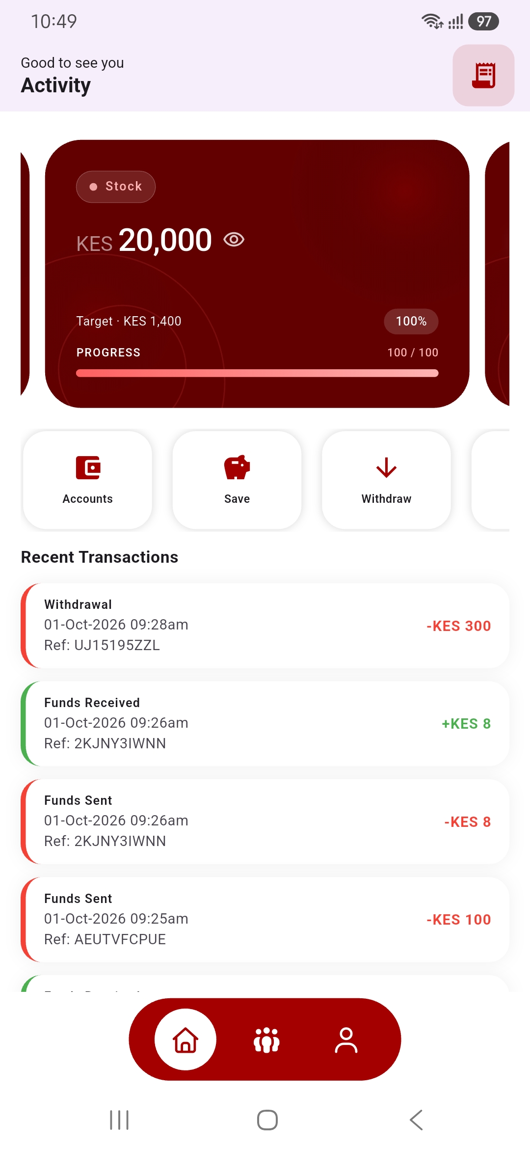 Activity screen showing a Stock goal at 100% progress