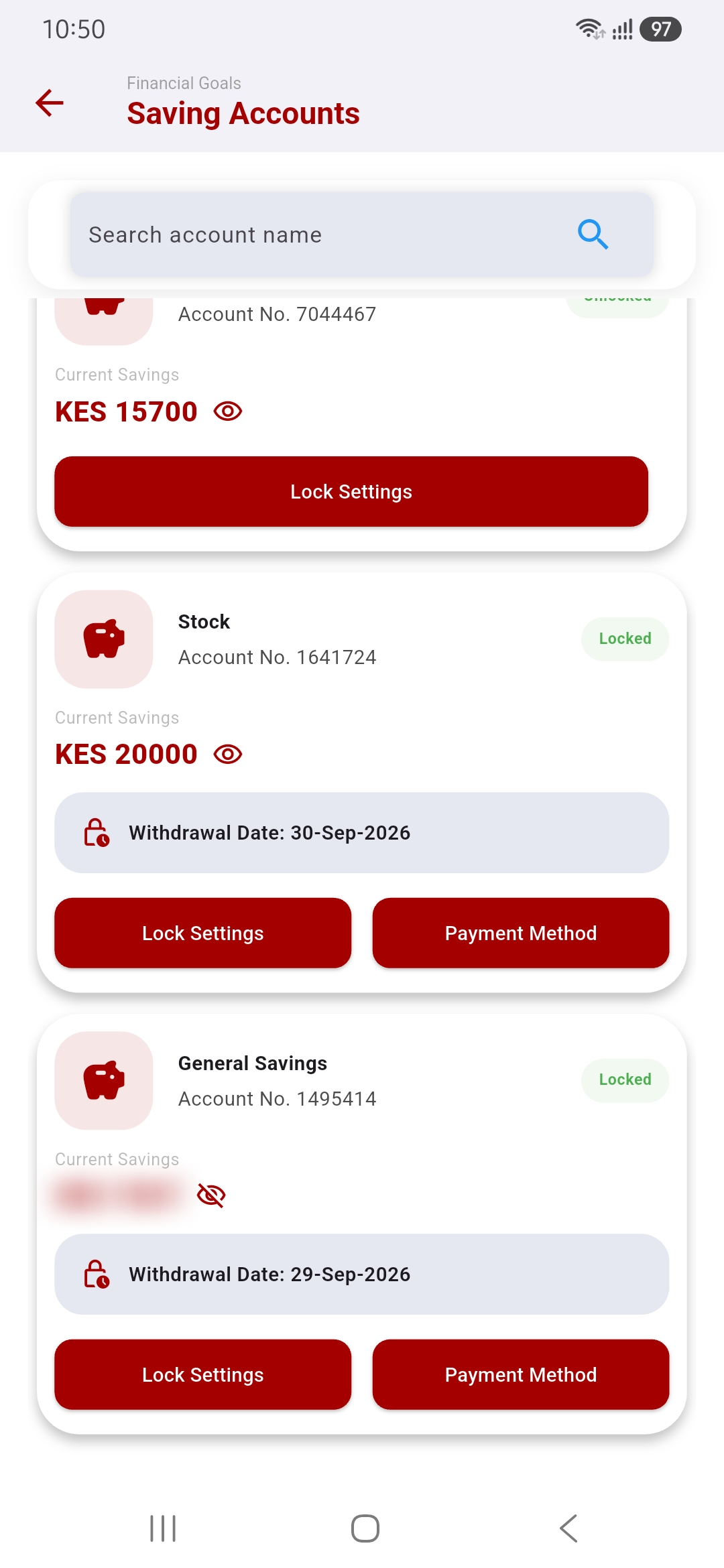 Saving accounts list with one balance hidden